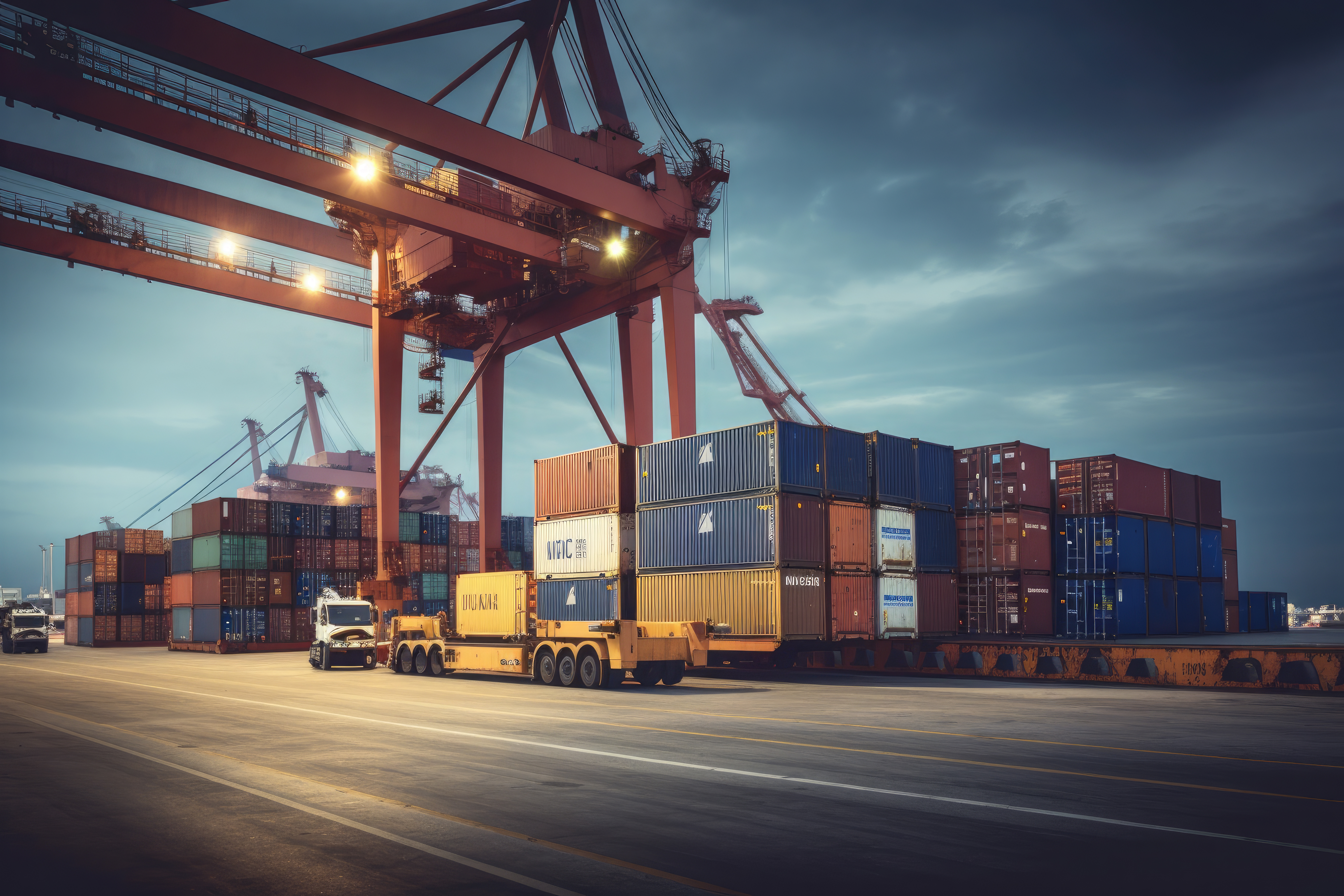 Large container terminal with stacked shipping containers